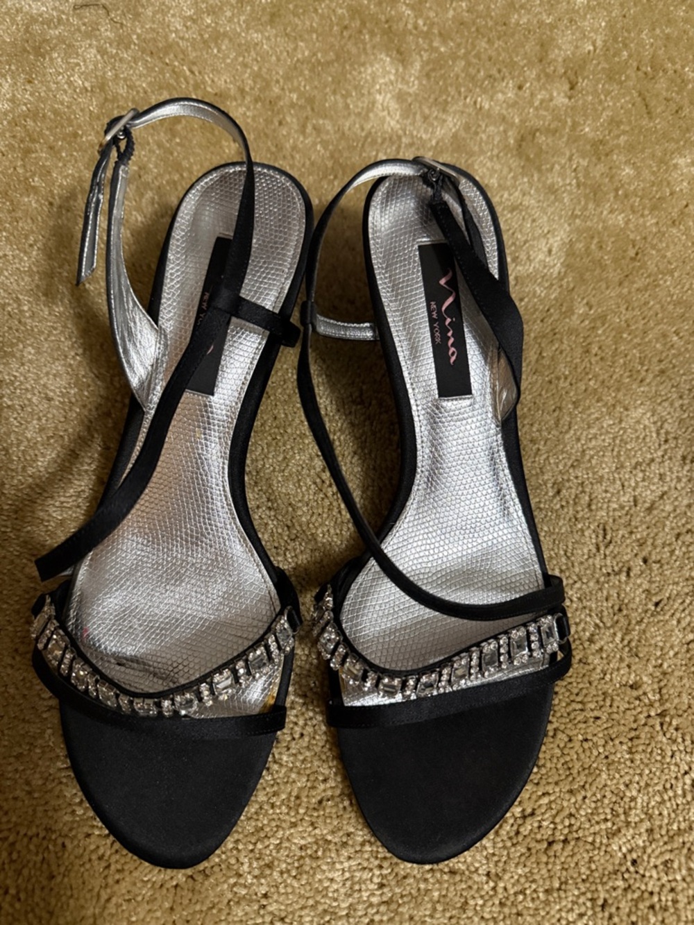 Nina Black and Silver Crystal Slingback Heels